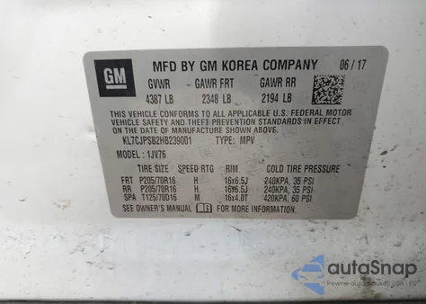 2017 Chevrolet Trax Lt из США, поврежденный, VIN KL7CJPSB2HB239001